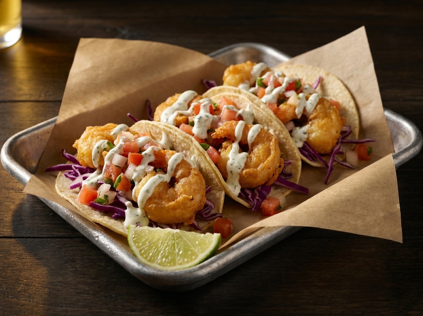 Three Baja beer-battered shrimp tacos with purple cabbage, pico de gallo and cilantro sauce on a paper-lined tray.