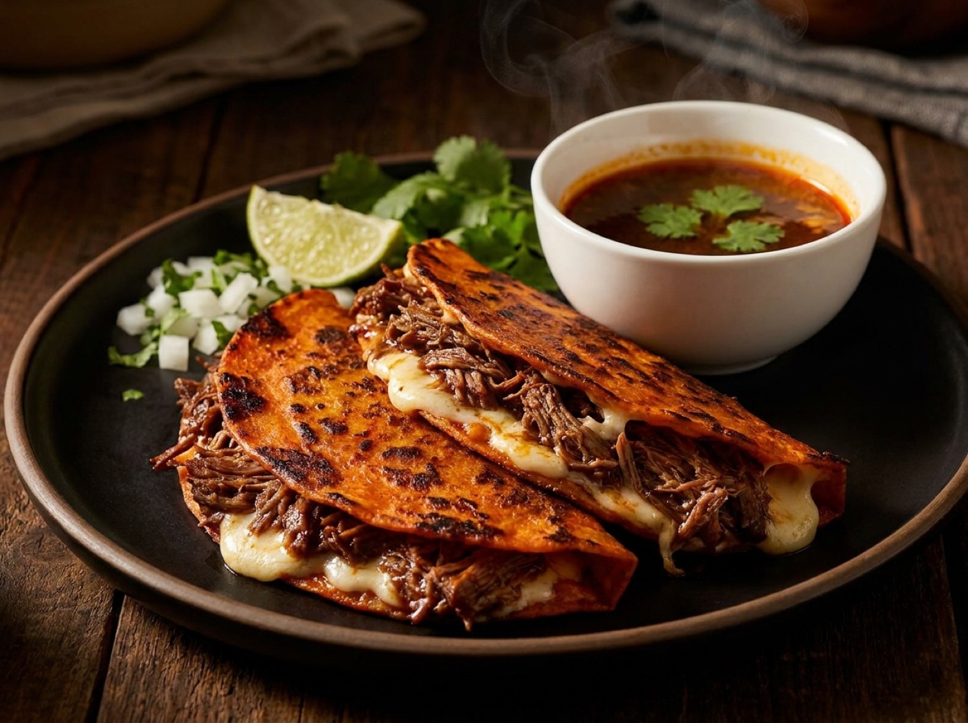 Two birria quesatacos with chile-red tortillas, one being dipped into a cup of dark consommé.
