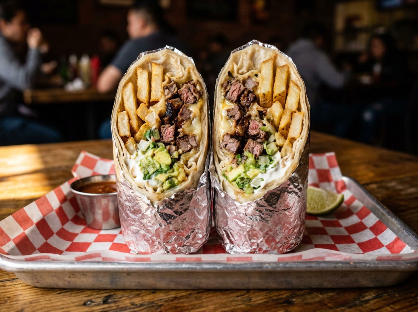 A Cali burrito cut in half showing french fries, carne asada, cheese and guacamole inside.