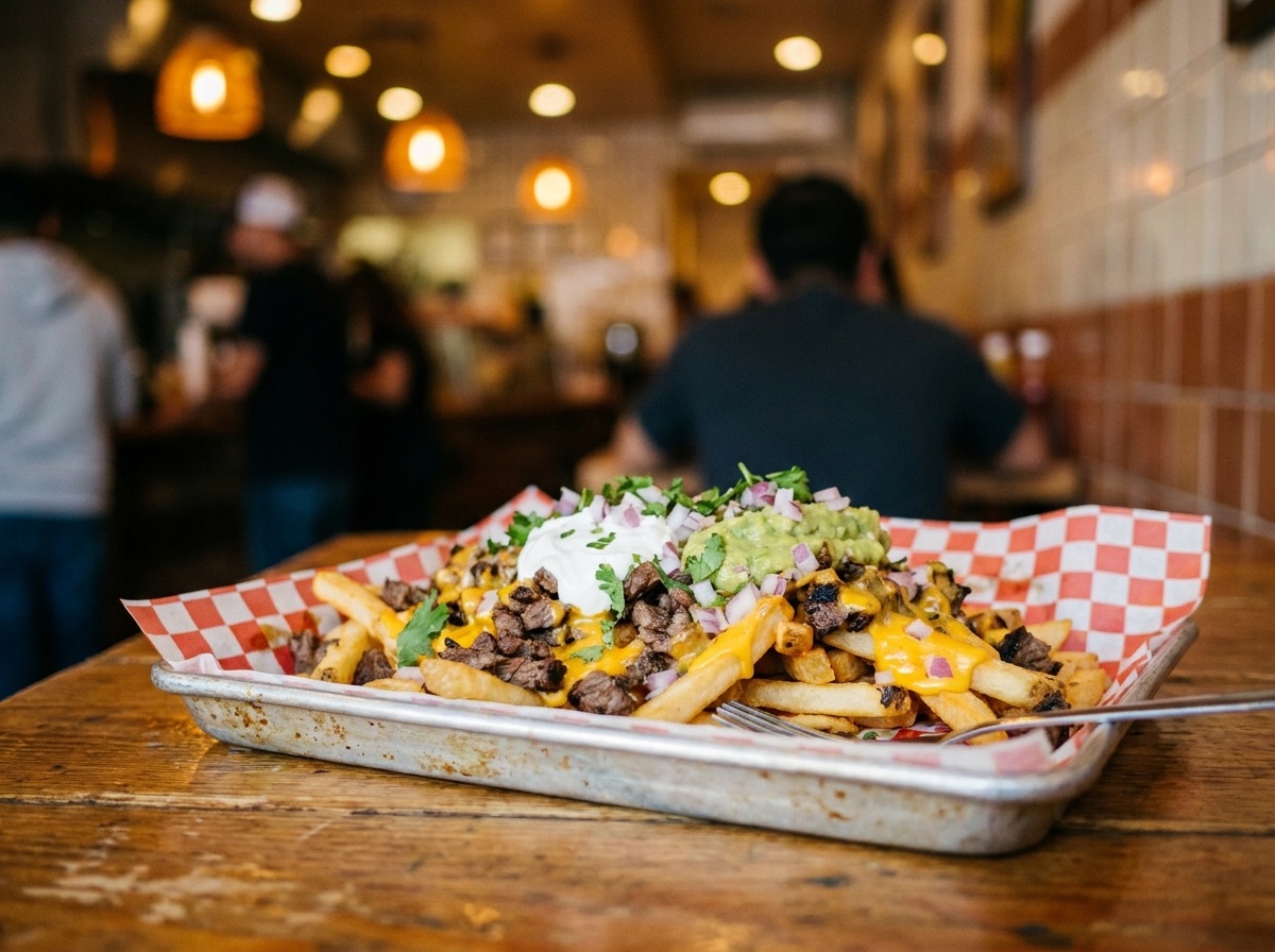 Loaded Cali fries in a metal tray, the kind of thing that goes out on a catering order.