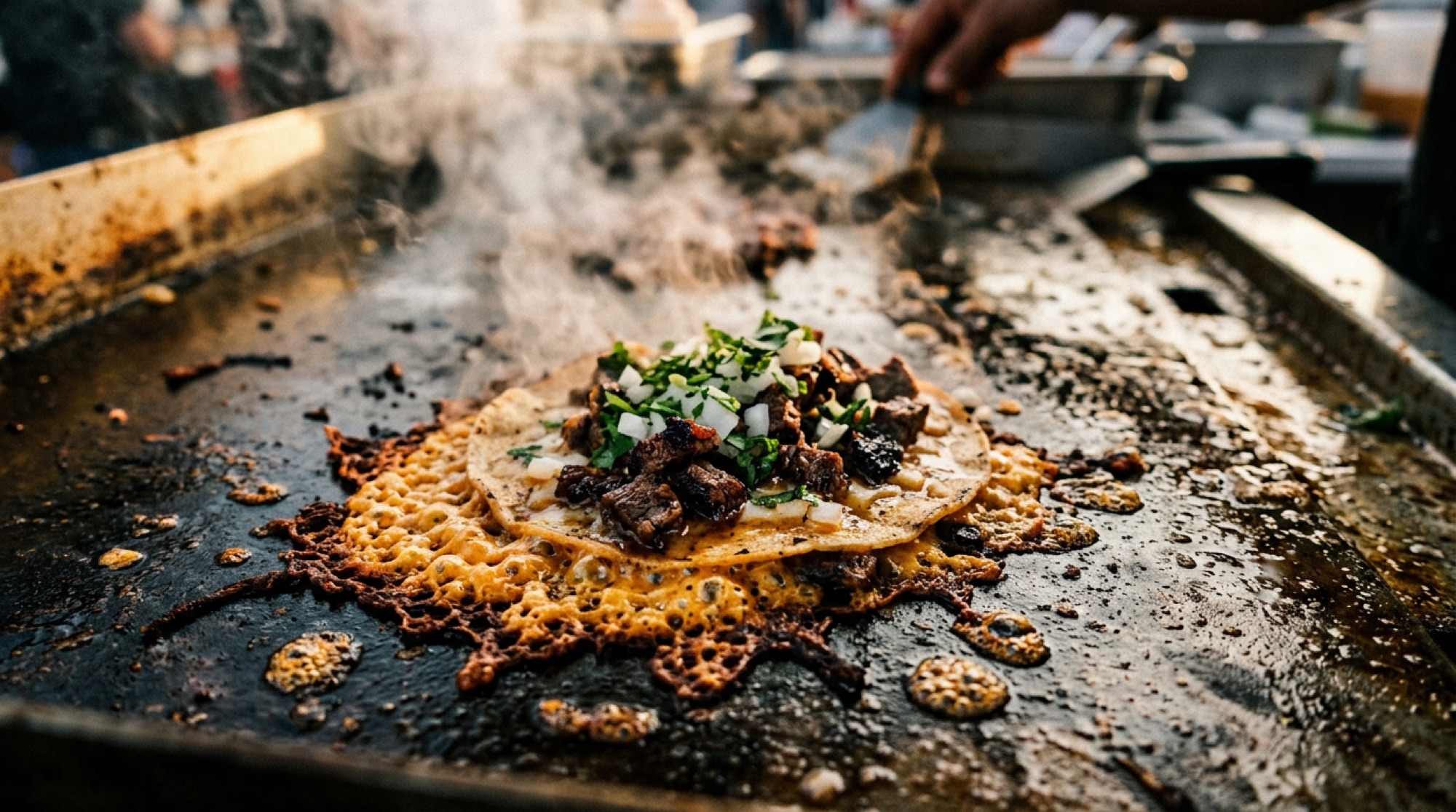 A quesataco on the flat-top griddle, melted cheese fried into a crisp golden skirt around charred carne asada.