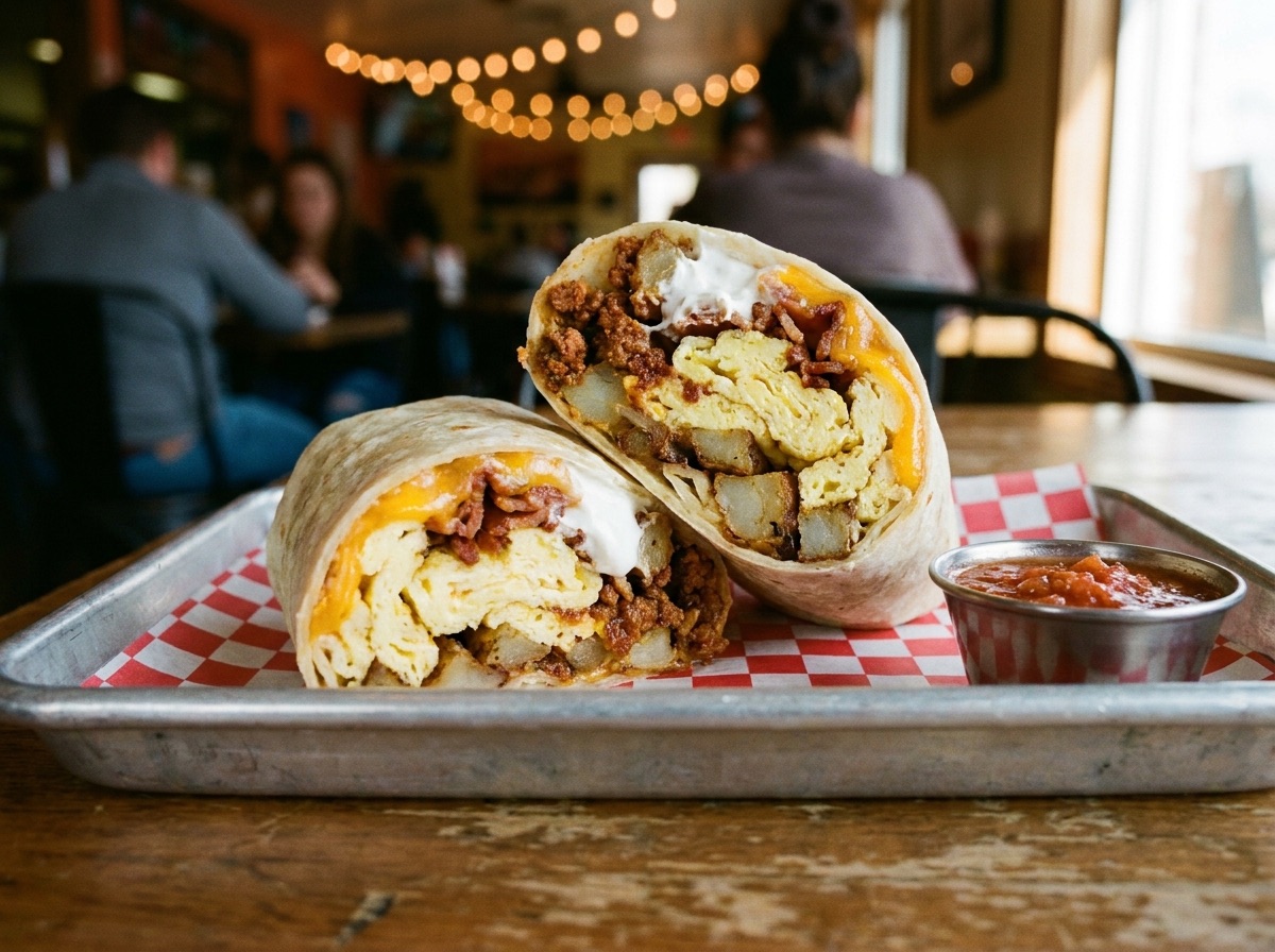 A large breakfast burrito cut in half showing egg, chorizo and potato