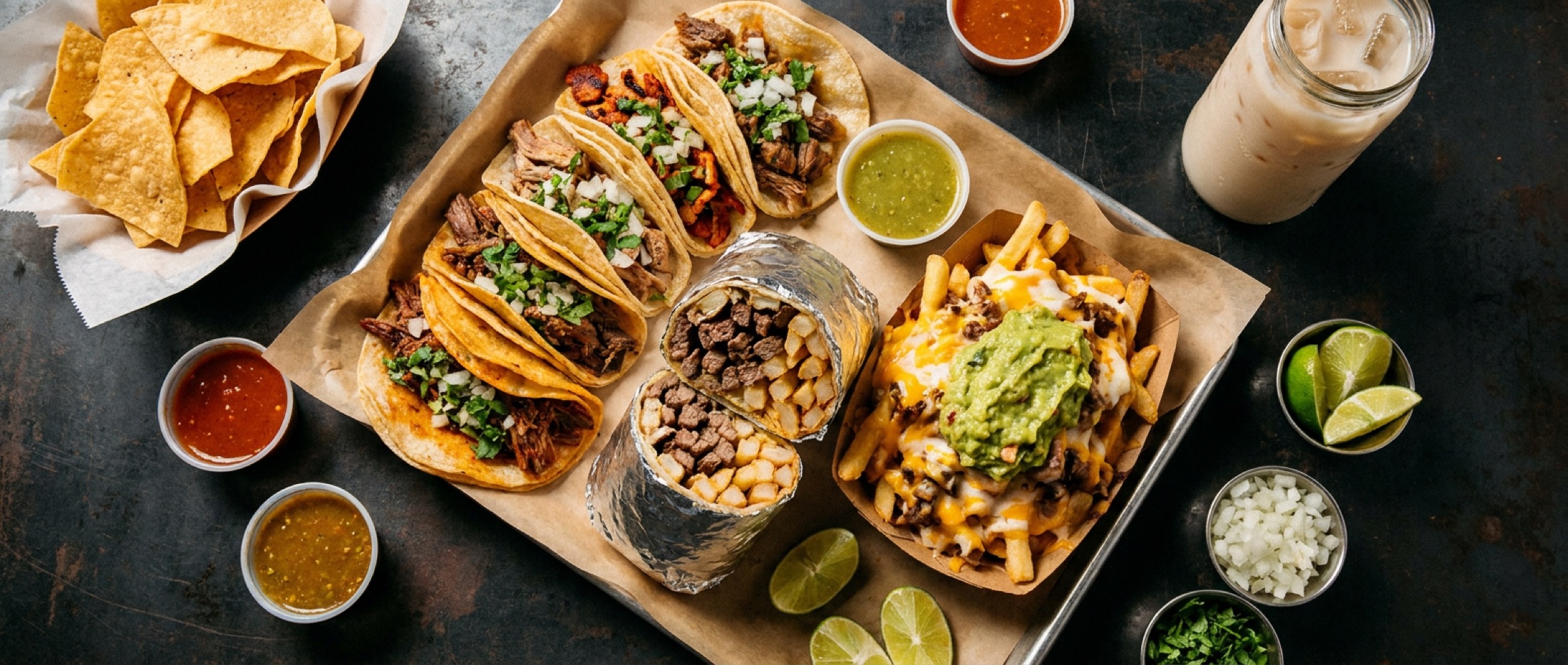 An overhead spread of street tacos, a Cali burrito, loaded fries, chips with salsa and a cup of horchata.