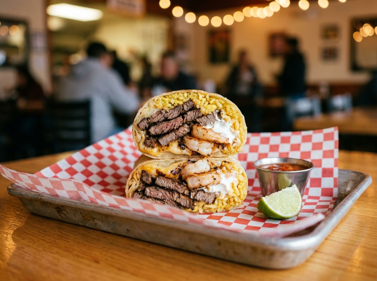 A surf and turf burrito cut in half showing steak and shrimp